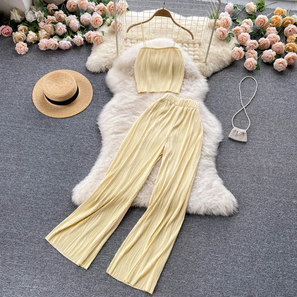 

Vacation Style Wave Shaped Pit Stripe Set Spaghetti Suspenders Top+High Waist Wide Leg Long Pants Women's Summer Two Piece Sets