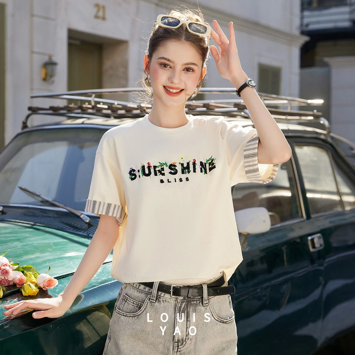 LOUIS YAO 100% Cotton Women T-Shirt 2026 Summer Top Fun Youthful Patchwork Letter Towel Embroidery Design Short Sleeve Shirt