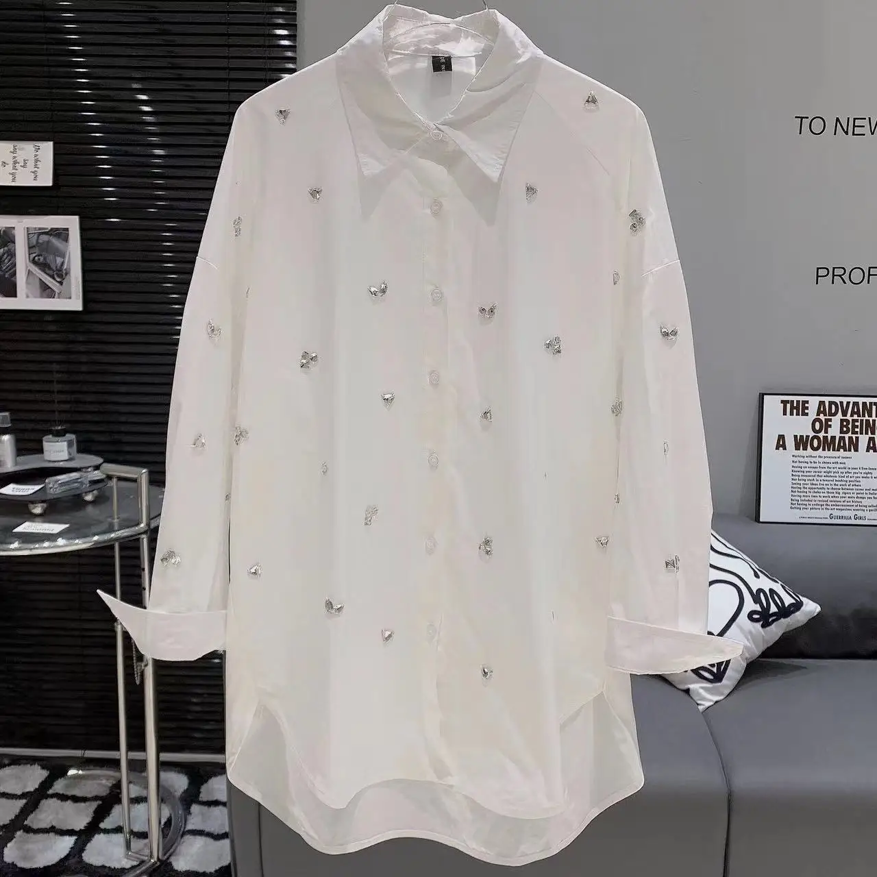 Luxury Exquisite Blingbling Diamonds Cotton Mid-length Shirts Blouses For Women 2024 Spring Summer Long Sleeve Tops Blusas