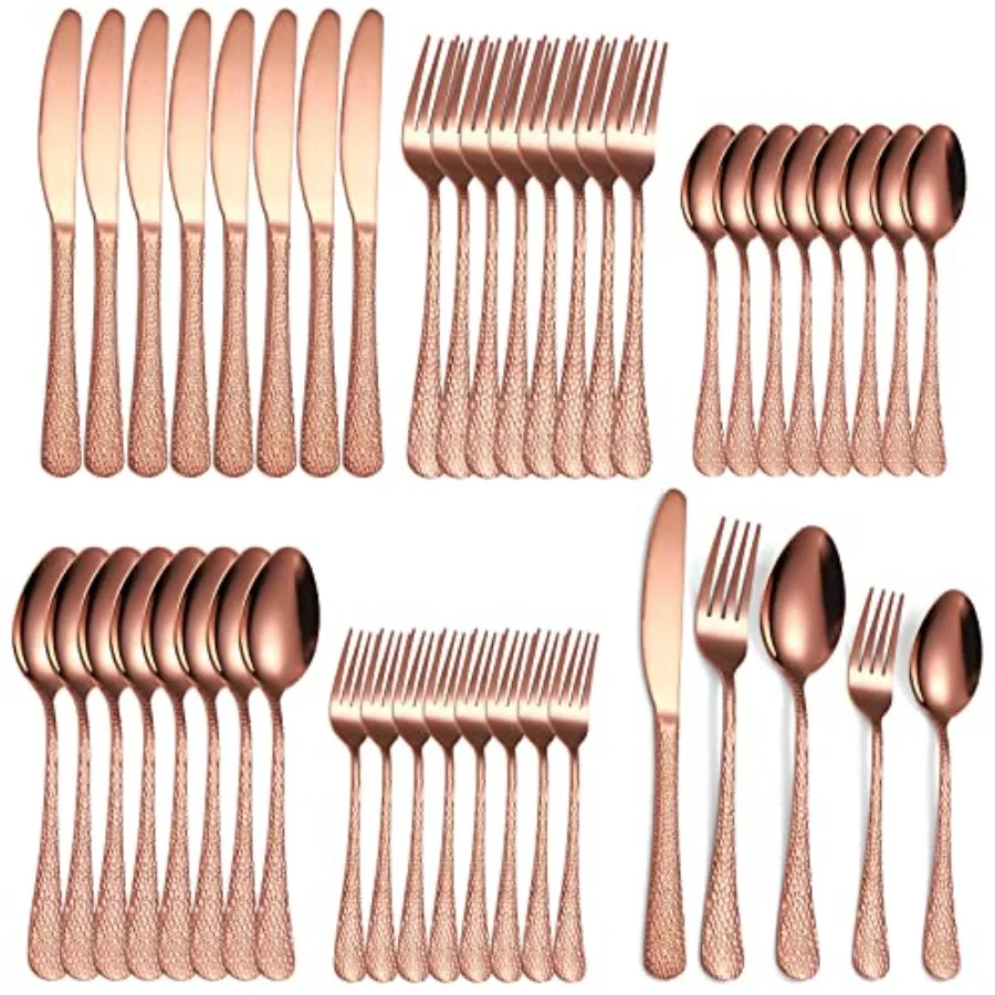 

Hammered Silverware Copper/Rose Gold Flatware Set 40 Piece Service for 8 Stainless Steel Knives Forks Spoons Creative Handle Ea