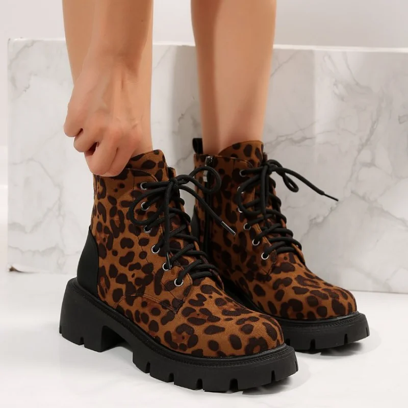 Shoes for Women 2024 Fashion Lace Up Women Boots Winter Round Toe Leopard Print Short Barrel Chunky Heels Zipper Plus Size Boots