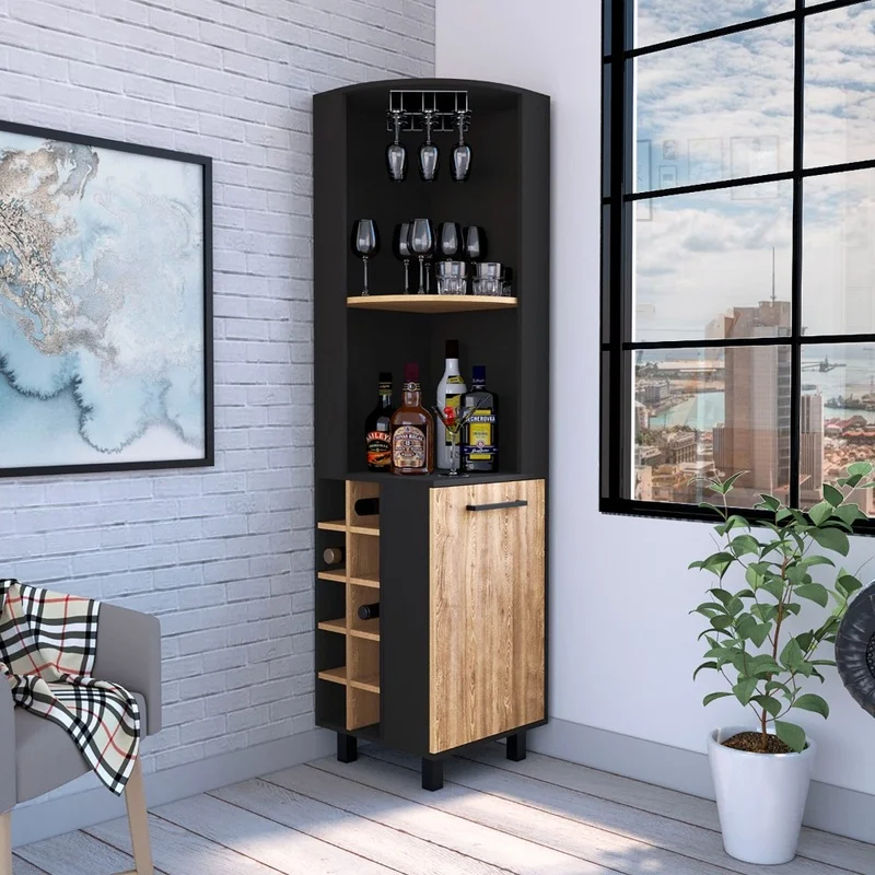 

Kaia Corner Bar Cabinet, Black Pine, Single Door, 2 Shelves, 10-Bottle Wine Rack