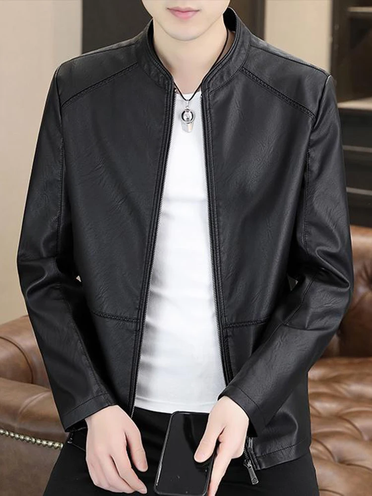 

TUCANO Men's Faionable Slim Fit Leather Jaet Stand Collar Casual Outerwear Winter Busin Leisure Zipper ket Design