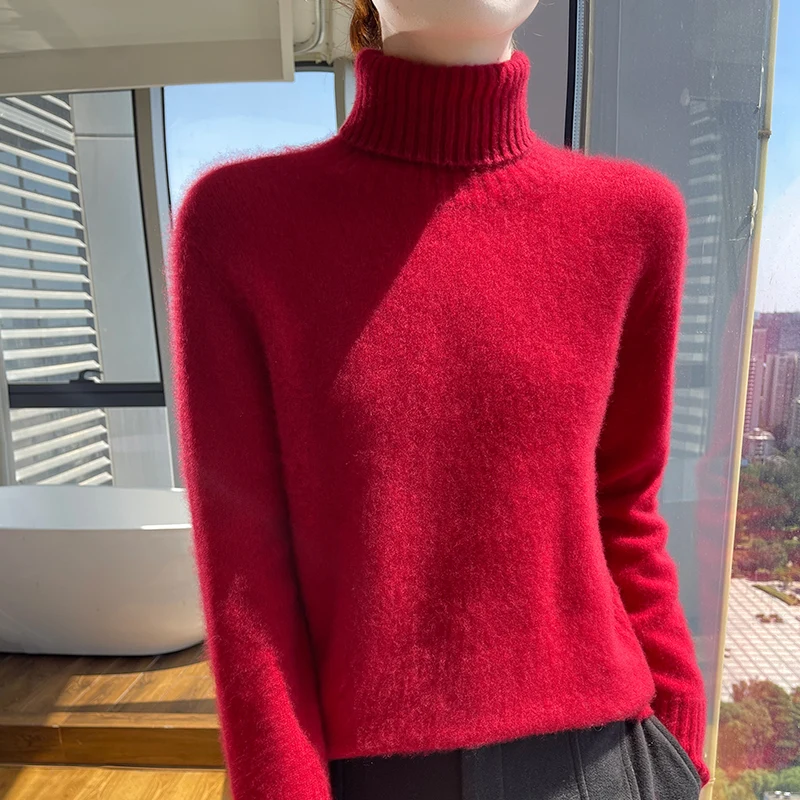 Autumn and winter new women\'s high lapels 100% pure wool long sleeve thick sweater loose classic knitted cashmere sweater.