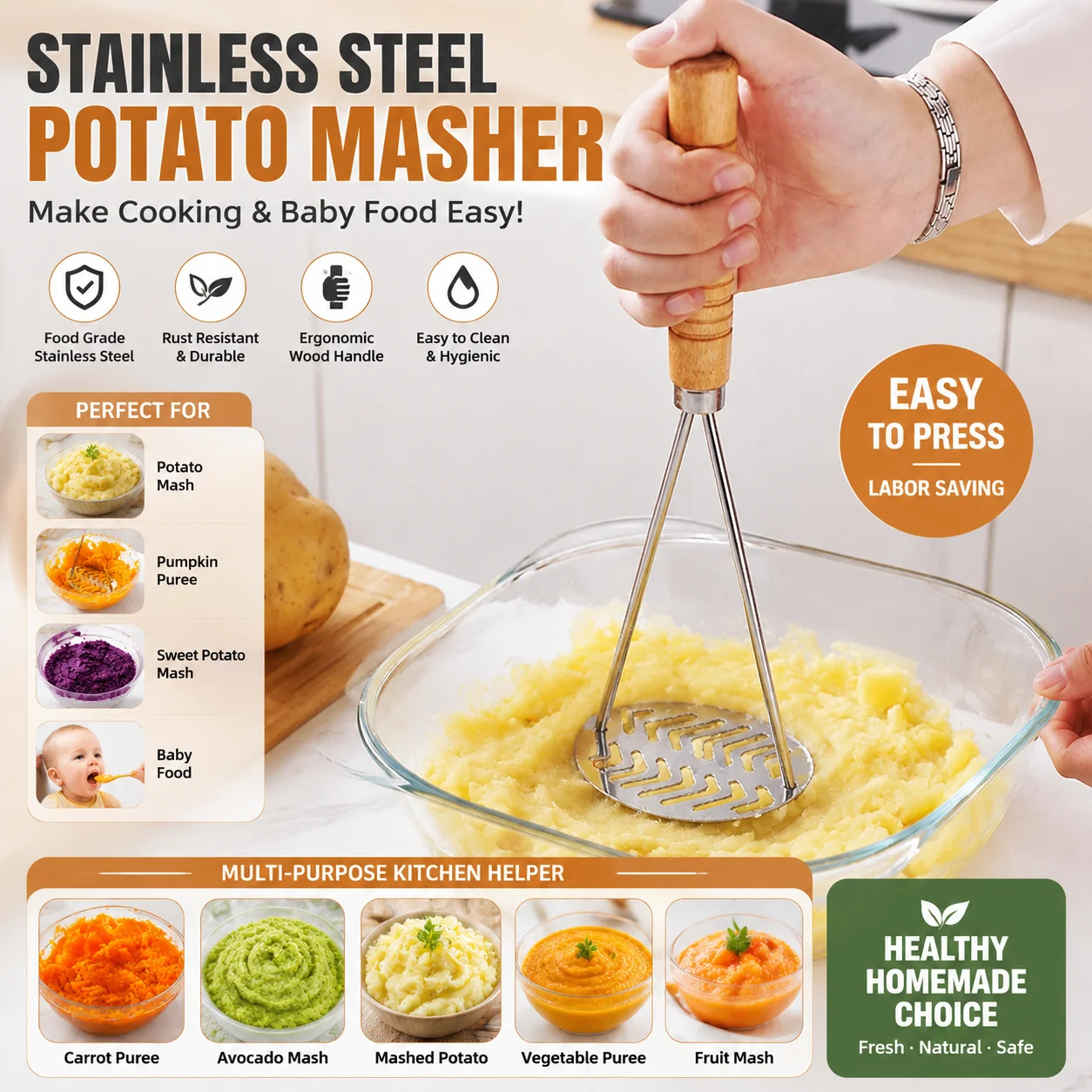Meal Prep Potatoes - ステンレス製ポテトマッシャー キッチンツール 錆びにくいフードマッシャー ベビーフード、野菜ピューレ、家庭料理、食事の準備に