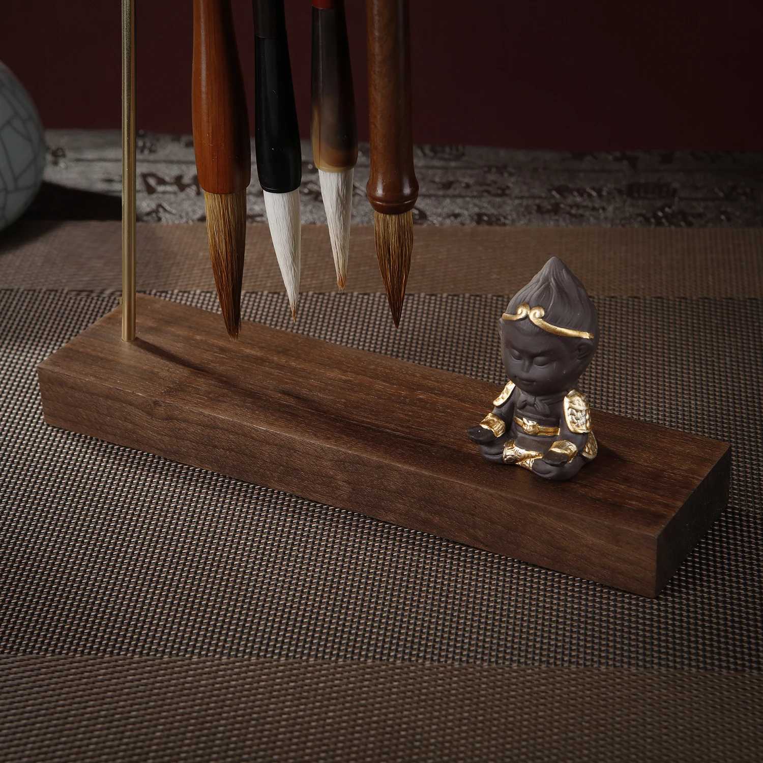 Meatl Chinese Brush Pen Holder with Walnut Base Calligraphy Rest Ink Hanger 8 Needles Writing Brush Holder