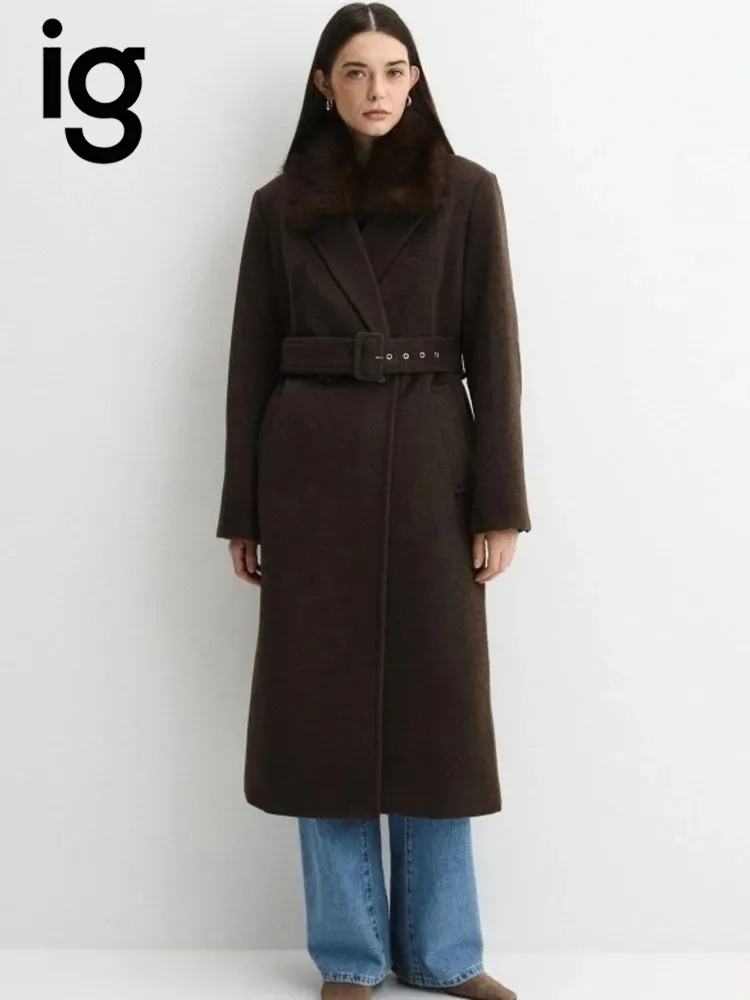 IG Women Fur Collar Notched Lapel Double Breasted Belted Long Wool Coat, Side Pockets, Winter Vintage Elegant Commute Outerwear
