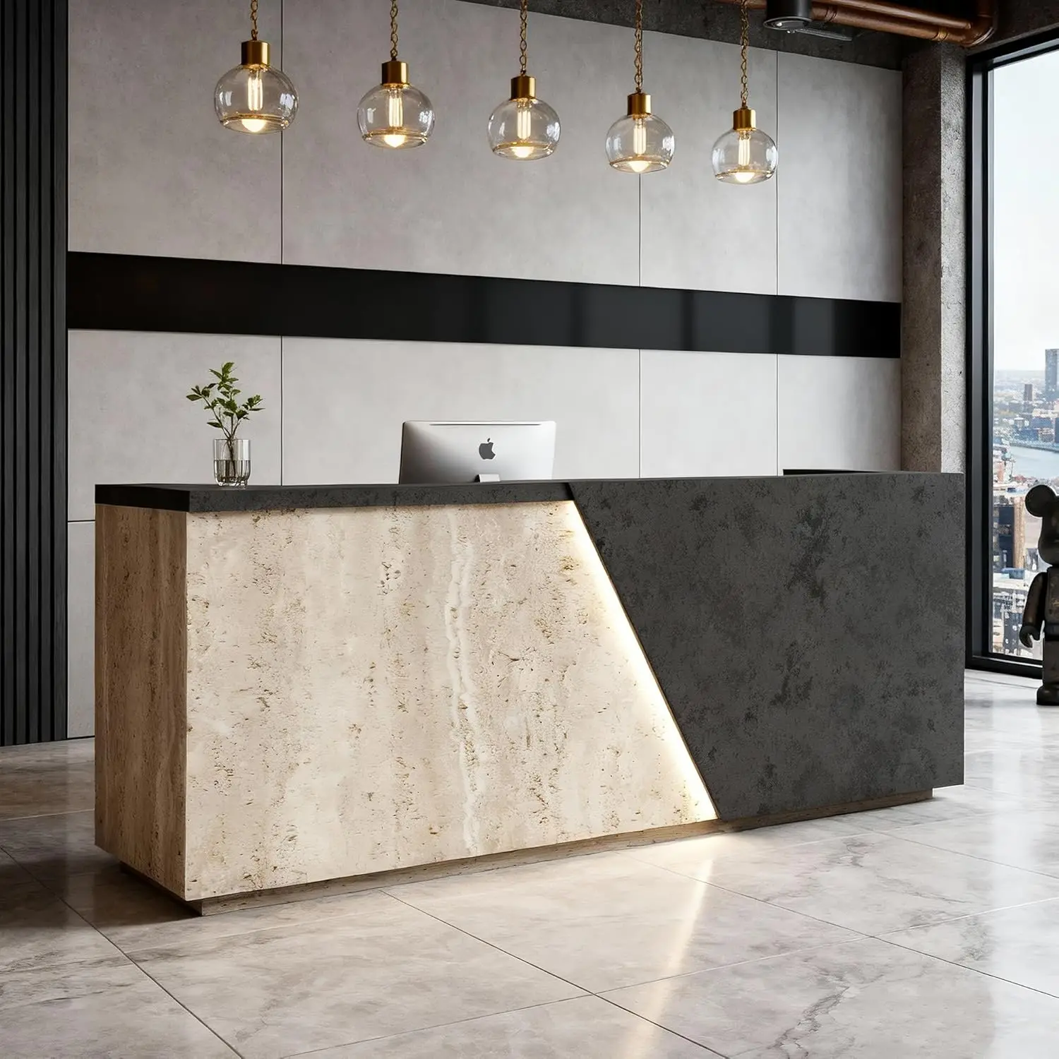 

Большая двухместная стойка ресепшн 79x87 дюймов с LED-подсветкой, двойным выдвижным лотком для клавиатуры, толщиной 2 дюйма, для офиса и лобби, мебельный шкаф