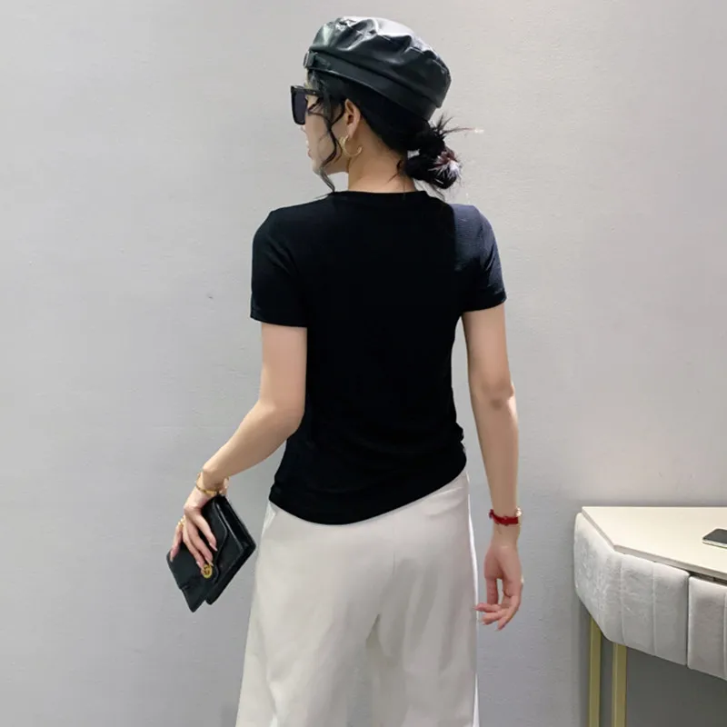 2025 Summer Designer Hollow Out Bead Spliced T-Shirt Women's Elegant Round Neck Short Sleeve Fashion Slim Mesh Tees Shirt image 2