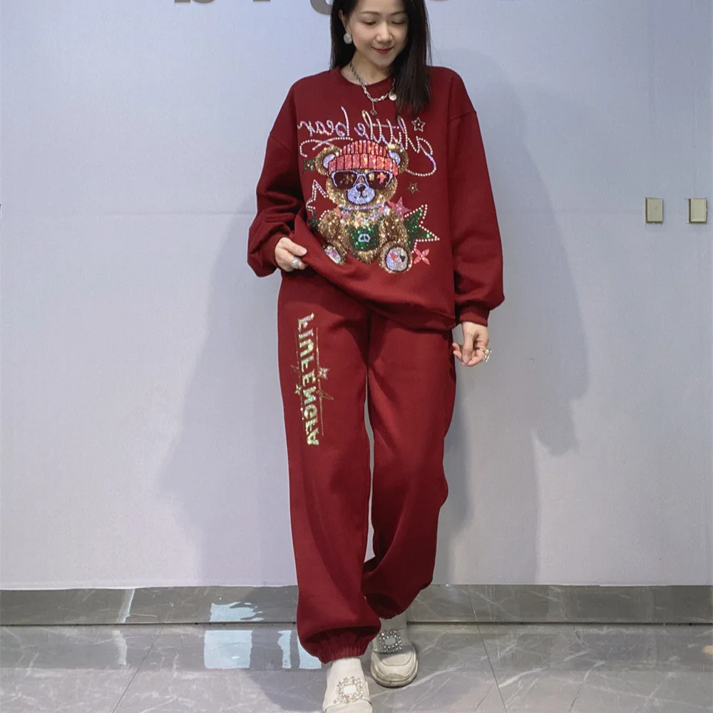 Fashion Spring Autumn Women Hoodie Sets Bear Hot Diamonds Round Neck Pullover Top + Elastic Waist Loose Casual Sweat Pants Suits