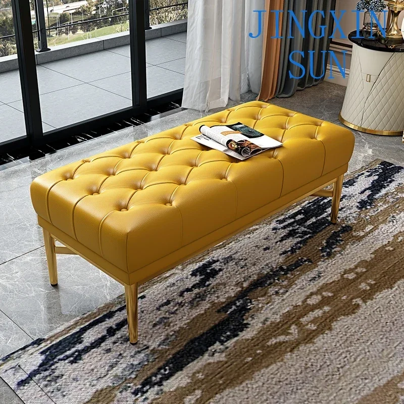 Light luxury leather pedal American bedroom bedside stool living room shoe changing  stainless steel rectangular pull-up