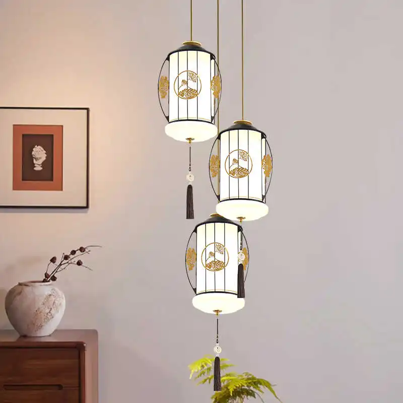 

Stair chandelier New Chinese duplex floor rotating chandelier Zen Chinese style high-end villa staircase line chandelier