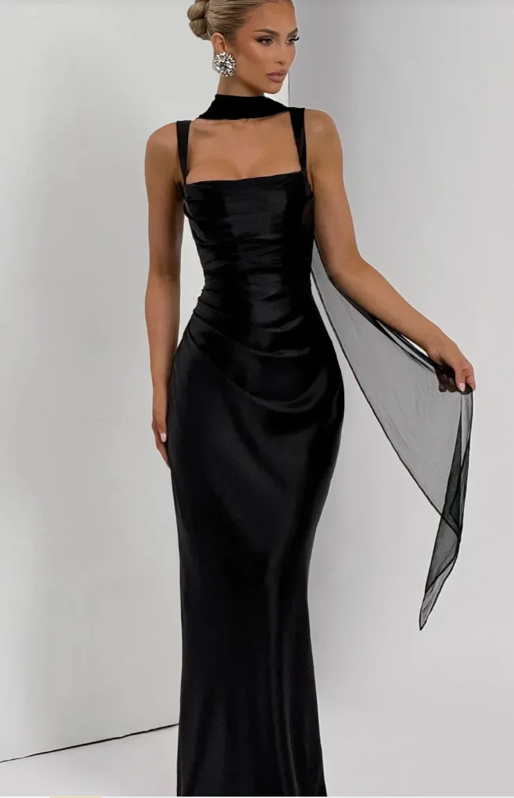 Sexy Lady Solid Ribbon Evening Dress Fashion Sleeveless Square Collar Lace Up Backless Slim Maxi Dresses Summer Dinner Party New