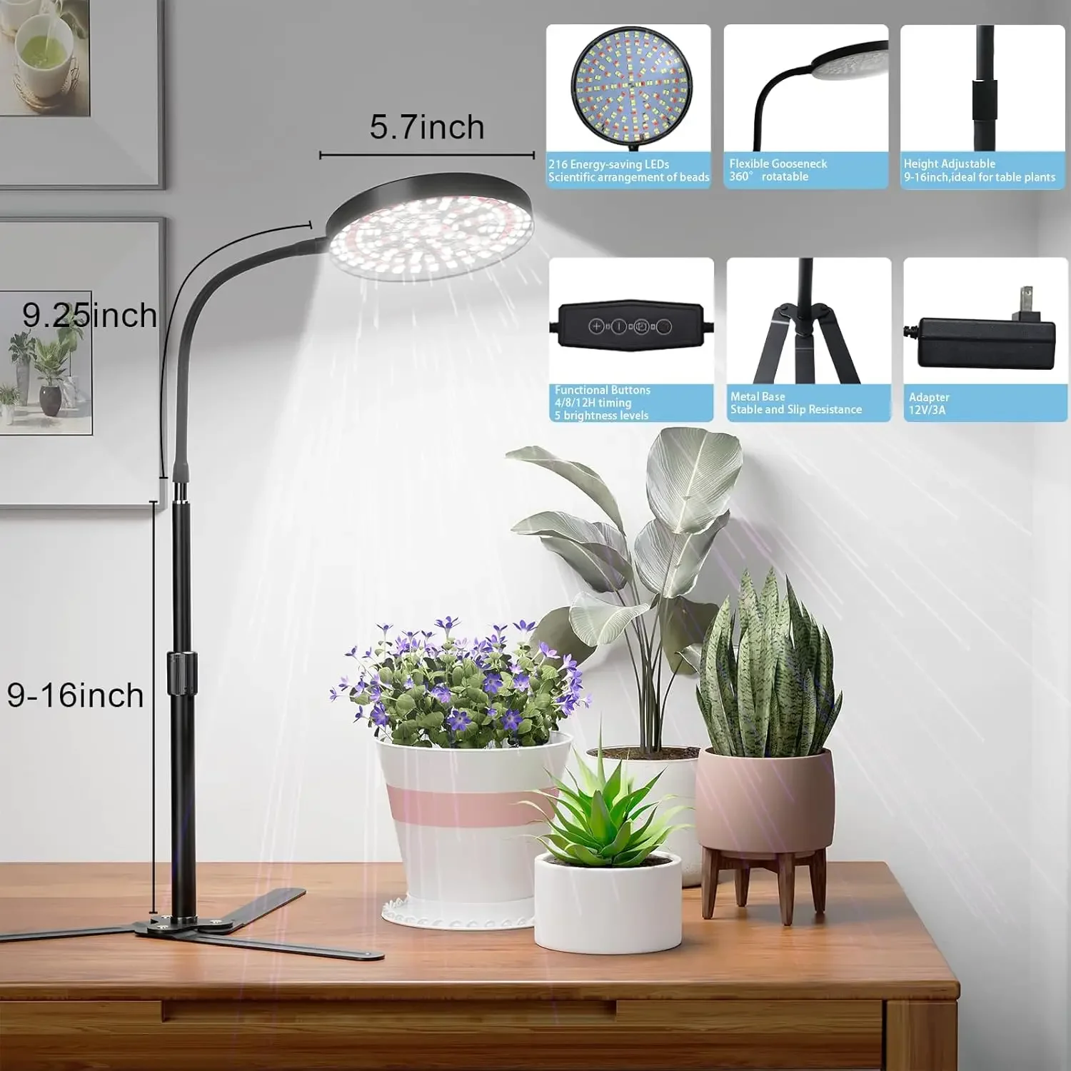 

Full Spectrum Adjustable grow Light 6000k White LED for Home Office Plants and Succulents Adjustable Height