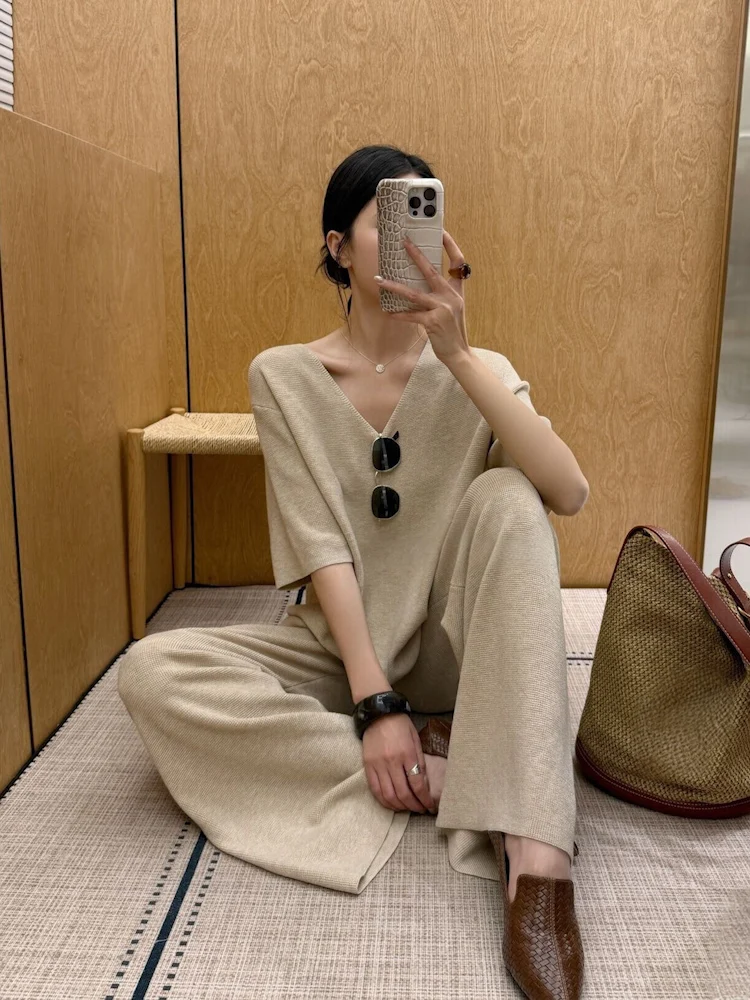 Summer Sporty V-Neck Top Wide Leg Pants Women's Casual Two-Piece Set Trendy Small Size Friendly Breathable Comfortable