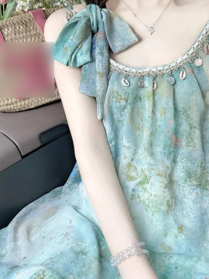 

plus Size Women's Summer Dress Loose Fitting Korean Style Gauze Design Tie Dye Strap Long Dress Casual A-Line Skirt