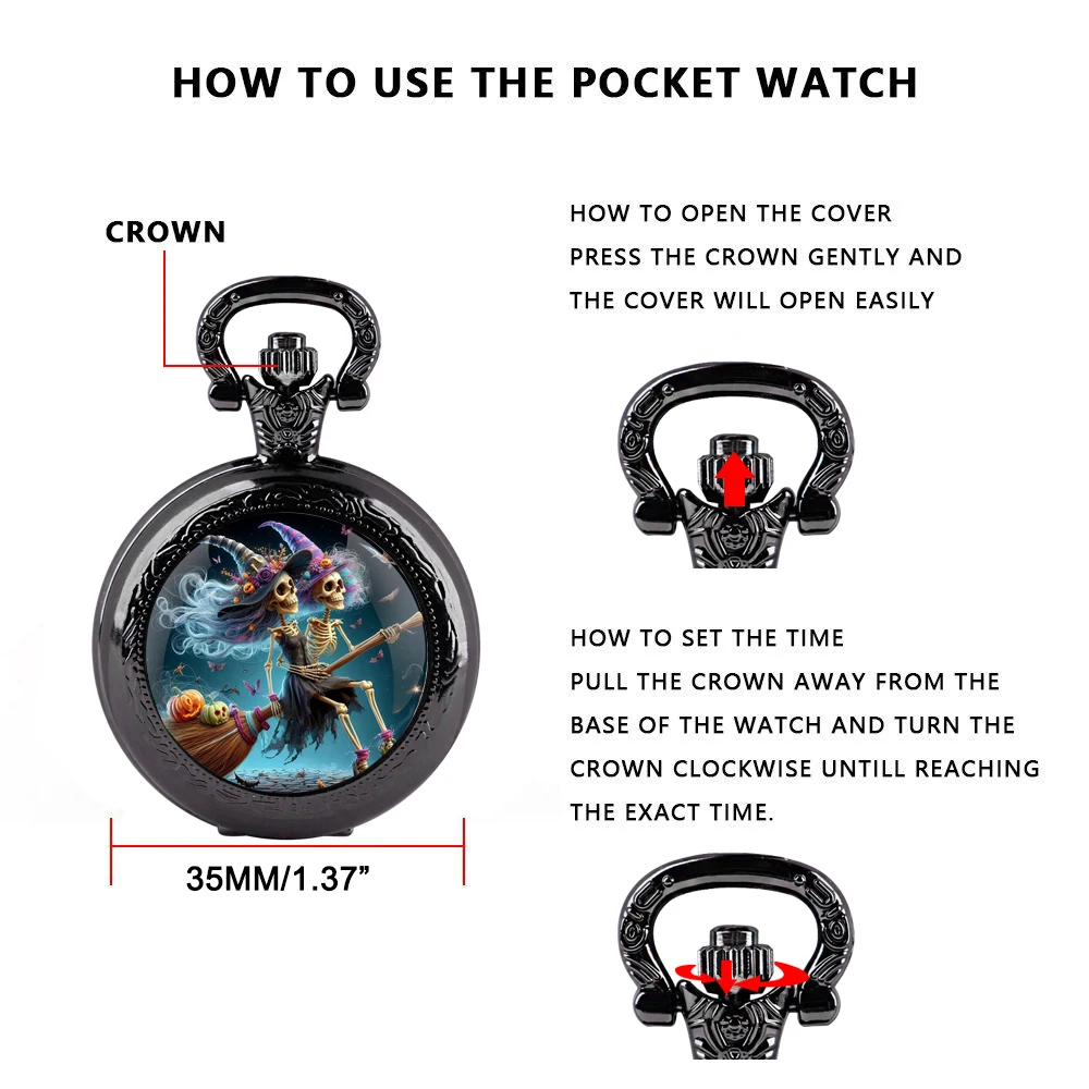 Orologio da tasca al quarzo nero con cupola in vetro per scope da equitazione, con quadrante con numeri arabi e catena resistente, regalo per uomini e donne