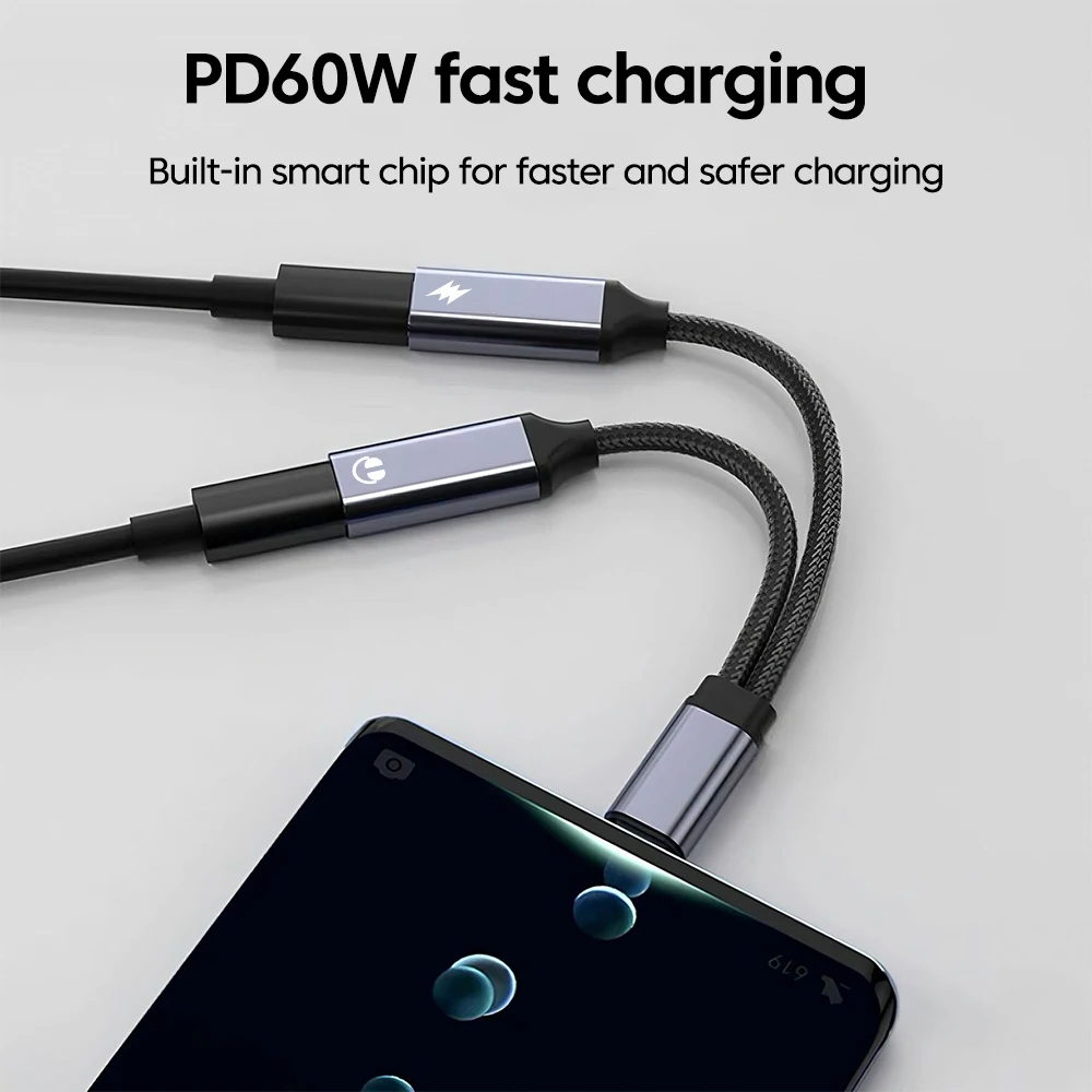 2-in-1 نوع C سماعة محول الصوت PD60W شحن سريع USB C محول كابل محول آيفون 15 16 سامسونج اللوحي المحمول