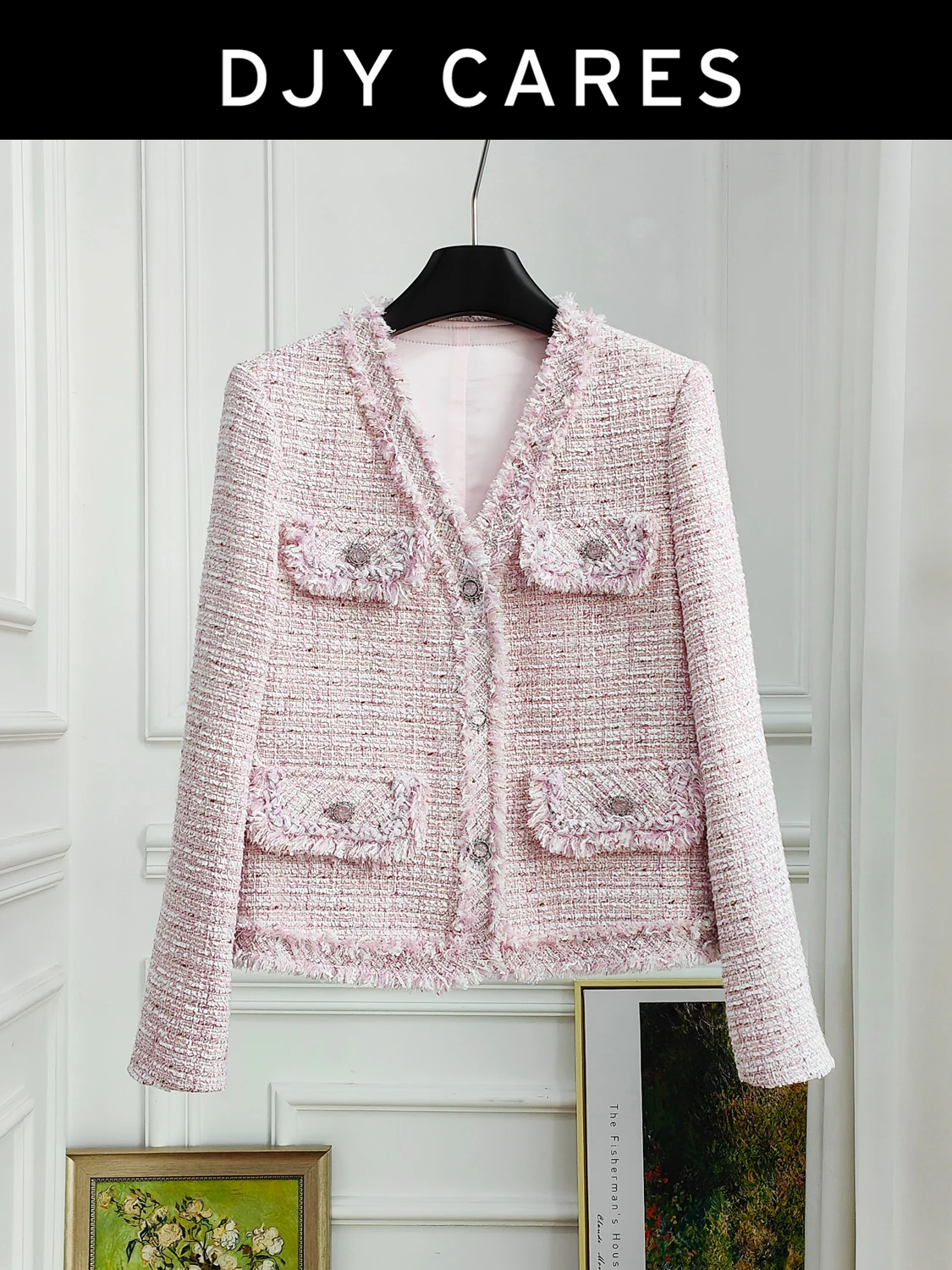 

New Coarse tweed sweet pink purple V-neck tassel jacket top big size