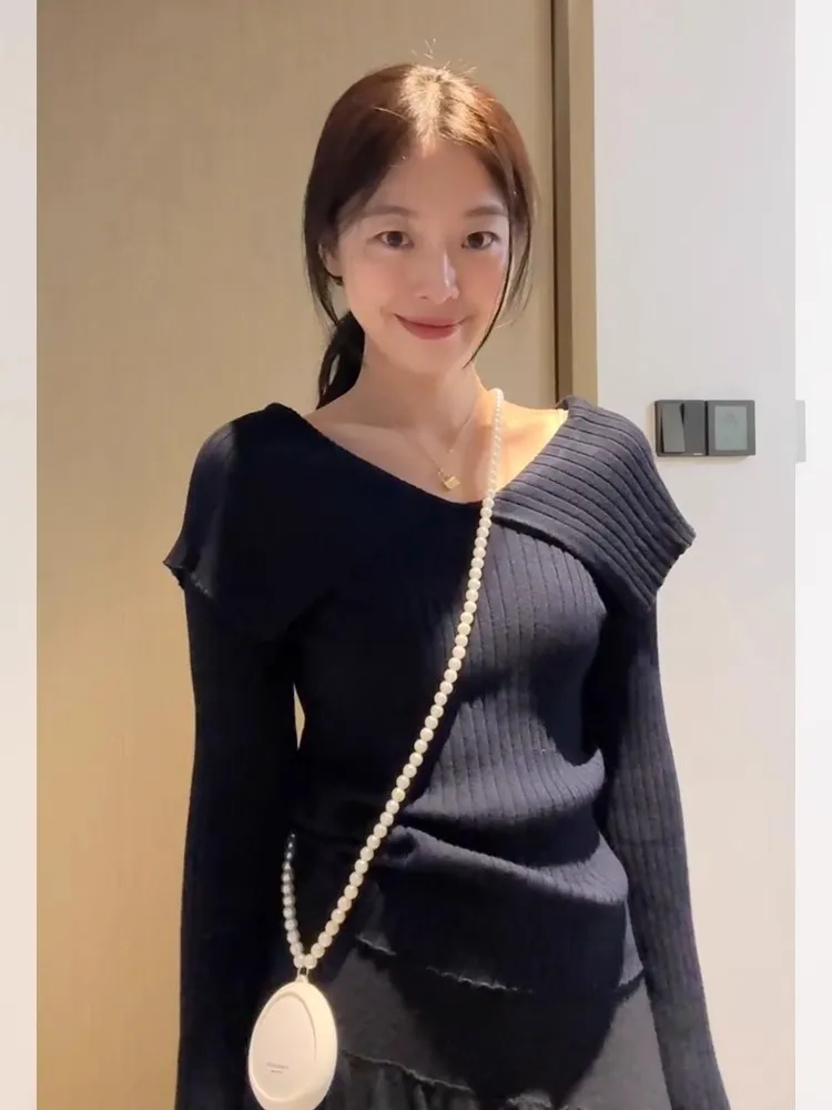 

French Sle Slim Fit Knitted V-Ne Base irt Women's Beautiful Bla Slimming Spring Faionable Casual Long Sve Top