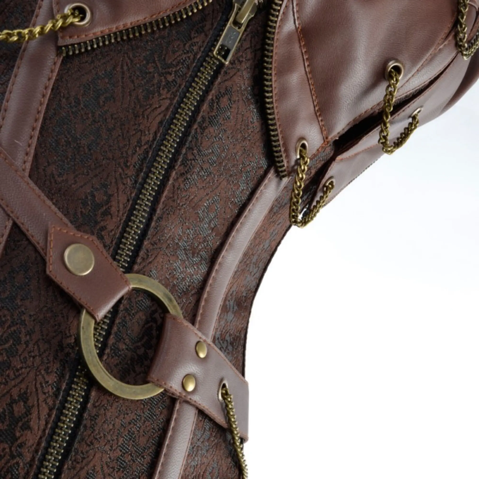 Top Waist Trimming Leather Brown Steampunk Corset for Women