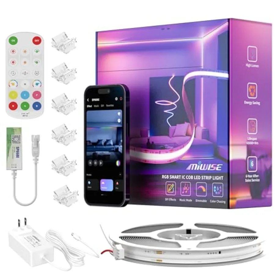 

Светодиодная лента RGB IC COB, 6 м, гибкая, с изменением цвета, синхронизация с Wi-Fi, управление через приложение, для самостоятельной сборки
