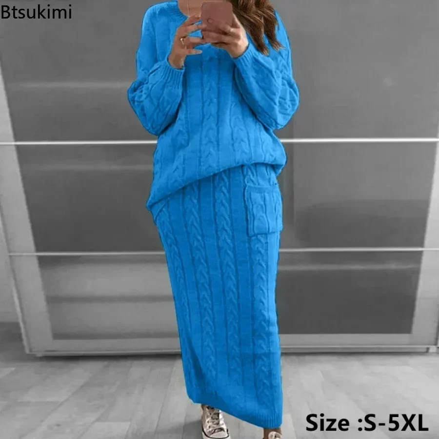 2024 Women\'s Knitted 2 Pieces Dress Sets for Winter Long Sleeve Pullovers Sweater Top+Knitted Skirts Suits Sets Warm Sets Female