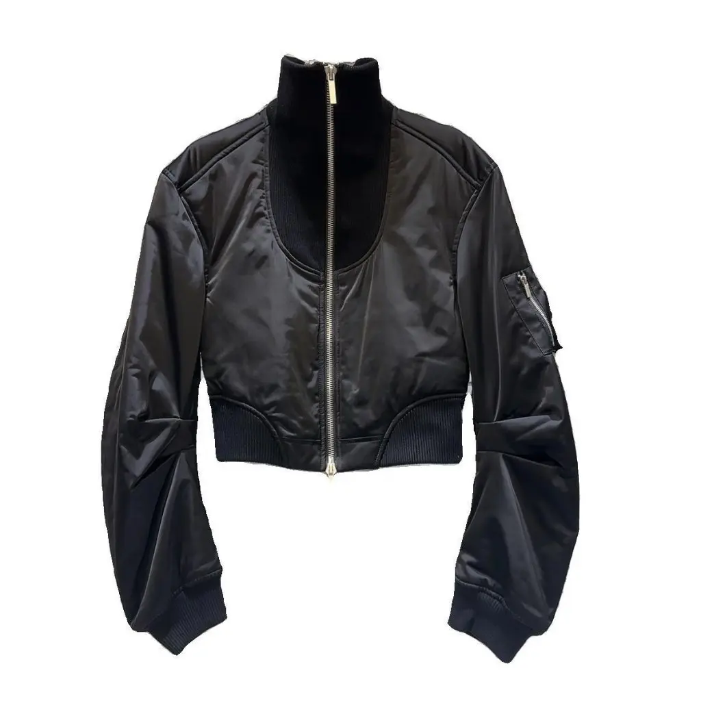 

Black Baseball Jacket for Women Autumn Winter Windproof Warm Cotton Threaded Collar Outwear