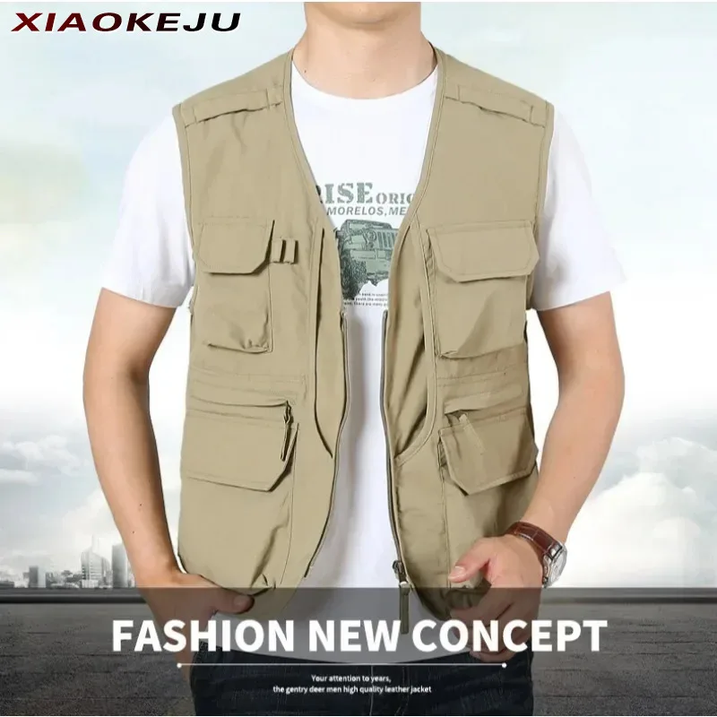 

Men Vest Male Leisure Motorcyclist Coat MAN Waistcoat Fishing Clothing Work Multi Pocket Waterproof Hunting Sleeveless Parka Zip