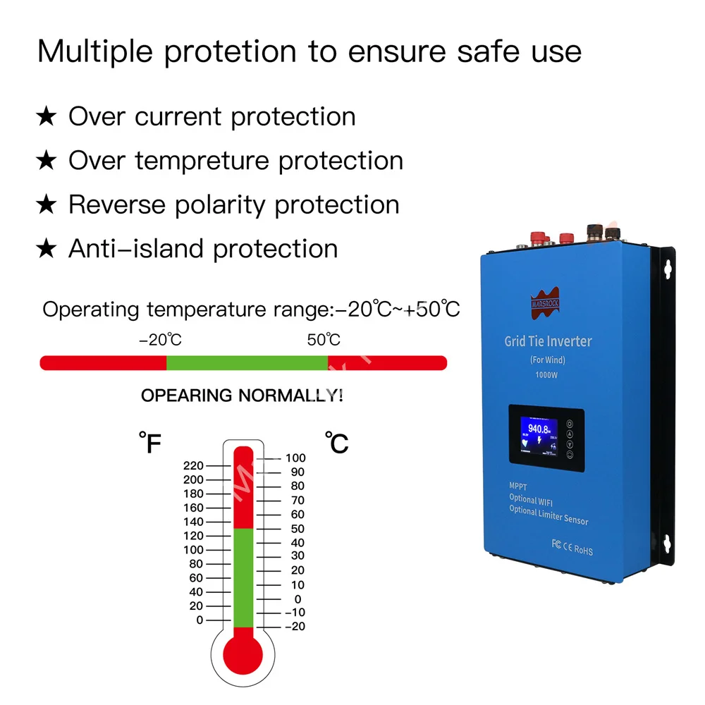 Micro inverter collegato alla rete eolica da 1000 W, corrispondenza automaticamente 120 V e 230 V, WIFI opzionale e funzione di limitazione corrente