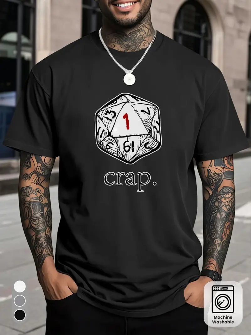 Men's White Dd Inspired T-Shirt With D20 Dice Tabletop Rpg Graphic Tee For Gamers Casual Gaming Apparel Funny Roleplay Design