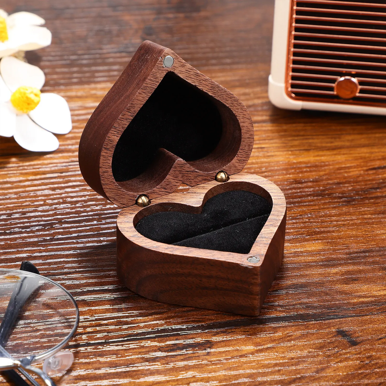 Natural Wood Heart Ring Box Rustic Grain Finish Sturdy Hinges Snug Fit Lid Elegant Ring Holder for Wedding Engagement