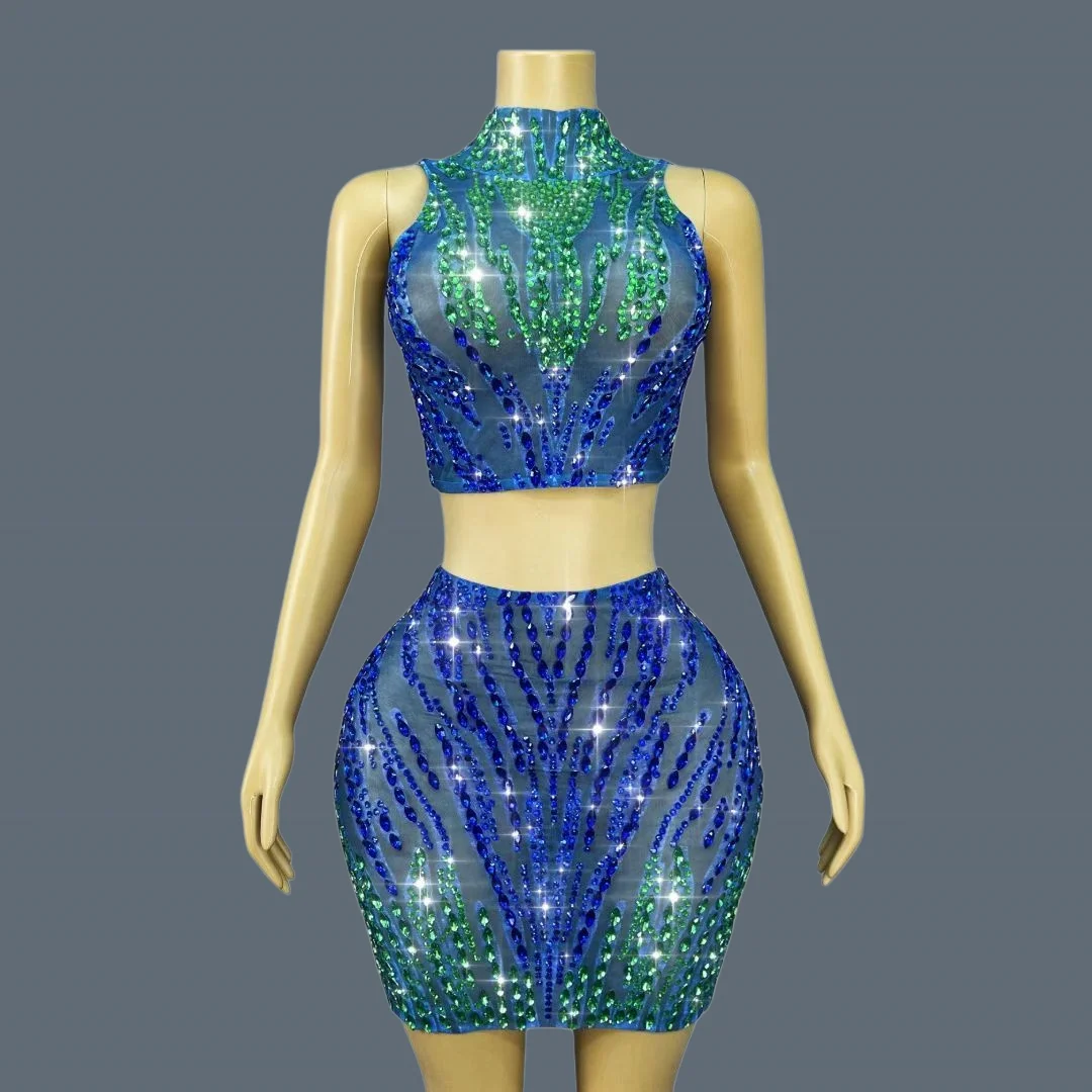 

Sparkly Crystals Blue Green 2Piece Set Sheer Mesh Sleeveless Women Crop Top Mini Skirt Formal Party Prom Club Dress Lanliuyun