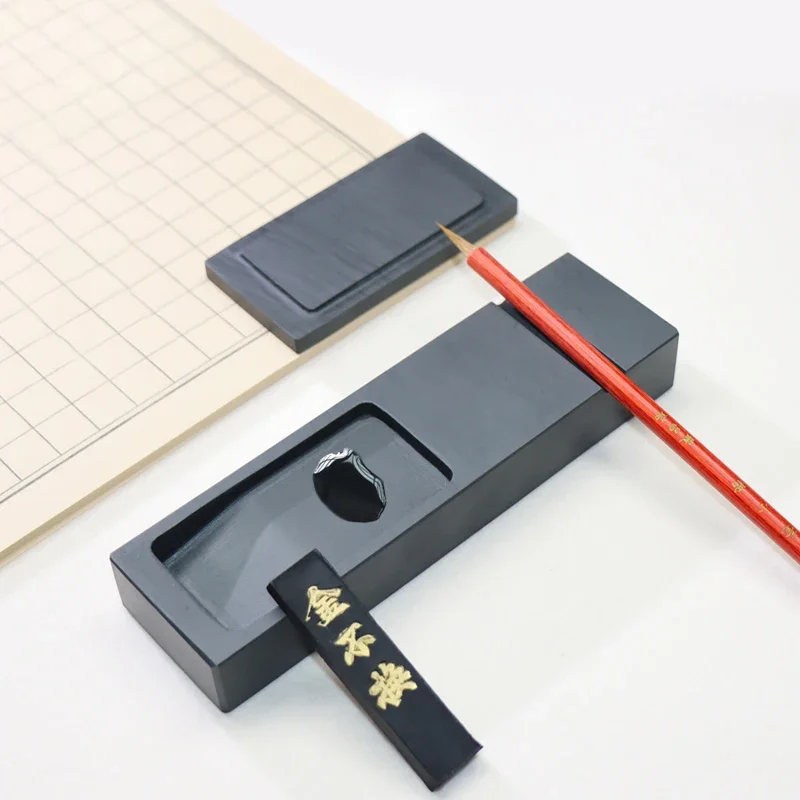 Chinese Calligraphy Inkstone with Ink Stick Traditional Chinese Inkstones Sumi Drawing Ink Dish Ink Tray Painting Tool Ink Block