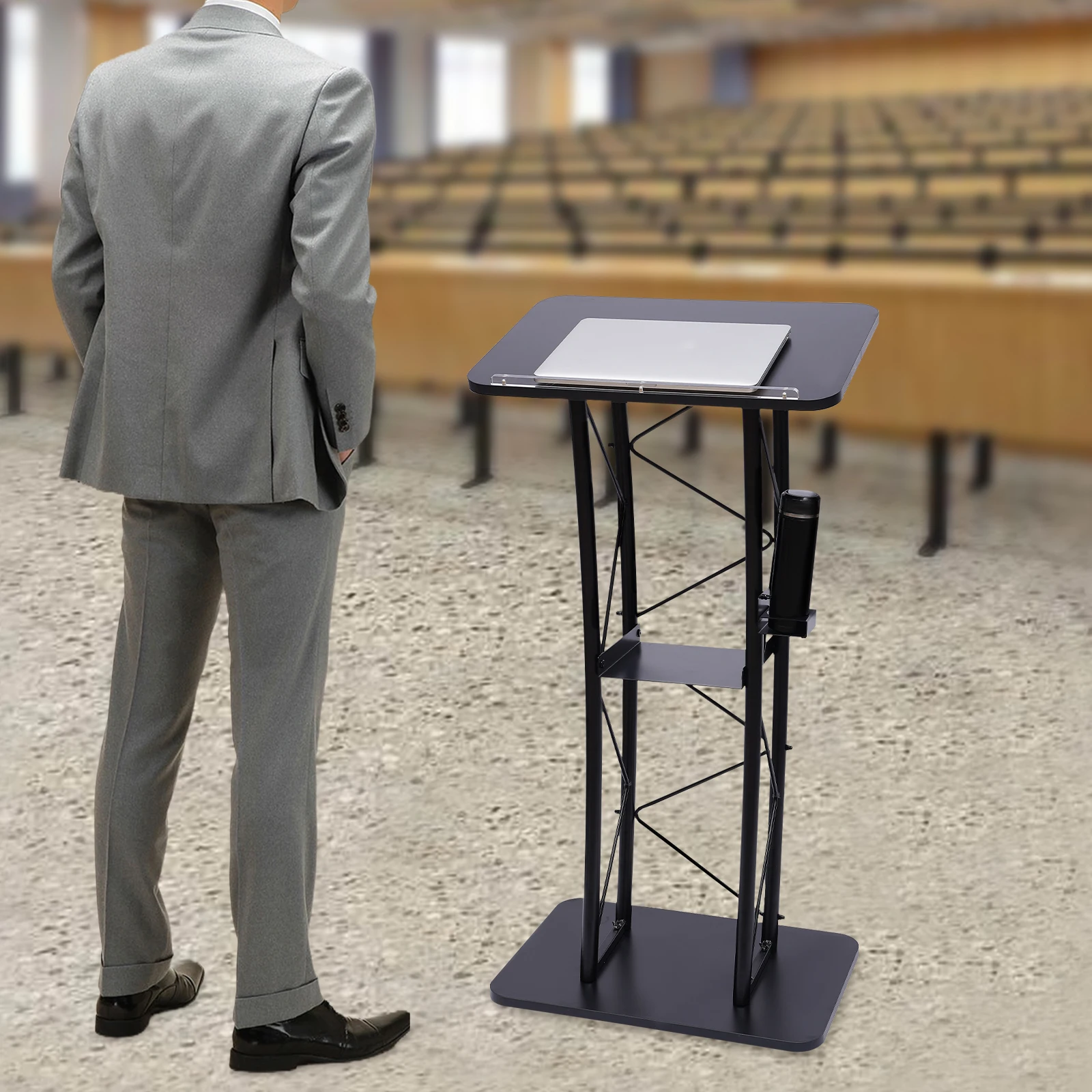 Metal Black Podium Conference Presentation Pulpit School Office Church Lectern,Curved Design Cup Holder Design, Schools,Churches