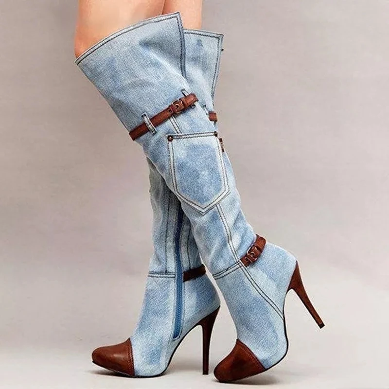 Botas Over The Knee Women Boots Autumn Winter Denim High Heels Ladies Shoes Sexy Buckle Strap Platform Long Boot Thigh High Boot