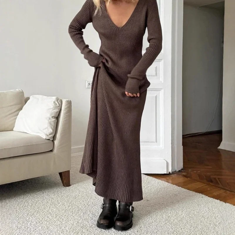 

2025 Women's New Solid Color Long Sleeve V-neck Slim Bodycon Knitted Maxi Dress Trendy Elegant Fashion Dresses