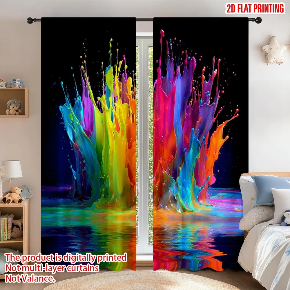 

2D flat printing 2pcs Curtain Curtains Colorful Paint Splashes Digital Printed Polyester Drapes Festive Wall Decor Perfect for