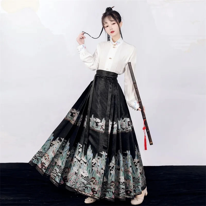 Hanfu Horse Face Skirt Women Chinese Traditional Vintage Hanfu Pleats Skirt Red Black Beige Shirt+Skirt Sets Woman Summer 2023