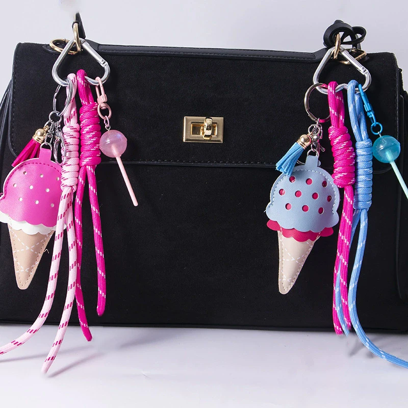 Women's Pendants Niche Leather Ice Cream Pendants Mini Lollipop Buns New Car Key Chains Pink Color Simple Fashion Funny Pendants