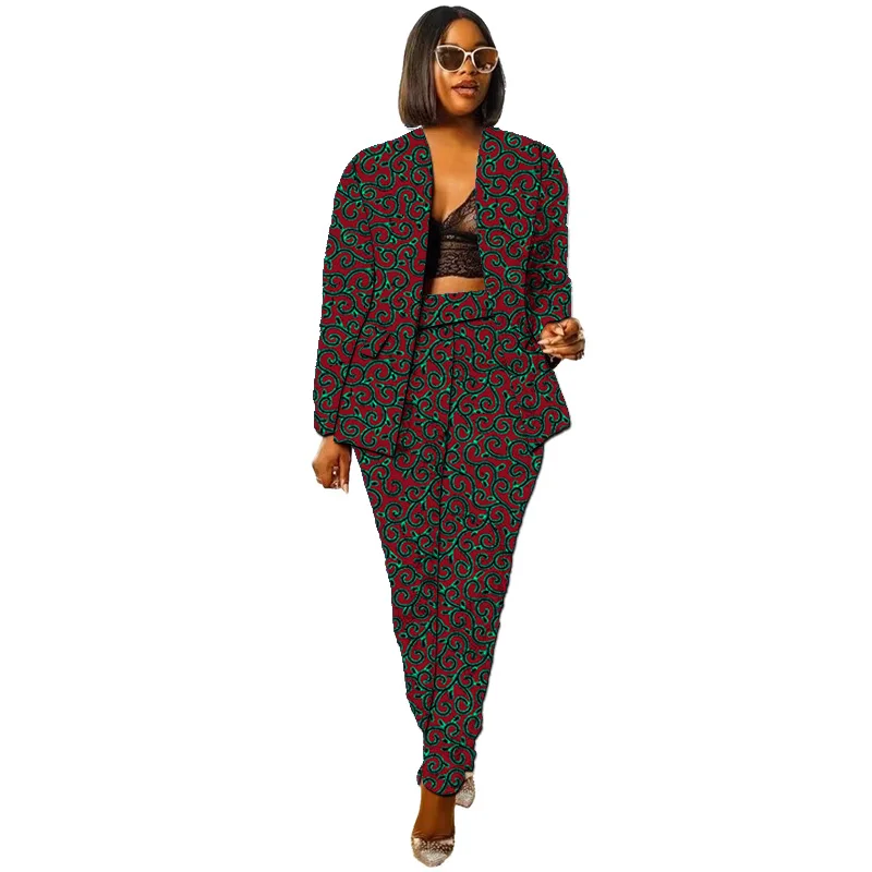 

African Couture Original Design Print Suits Women's Cardigan Jackets With Pants Tailored V Neck Blazer Set