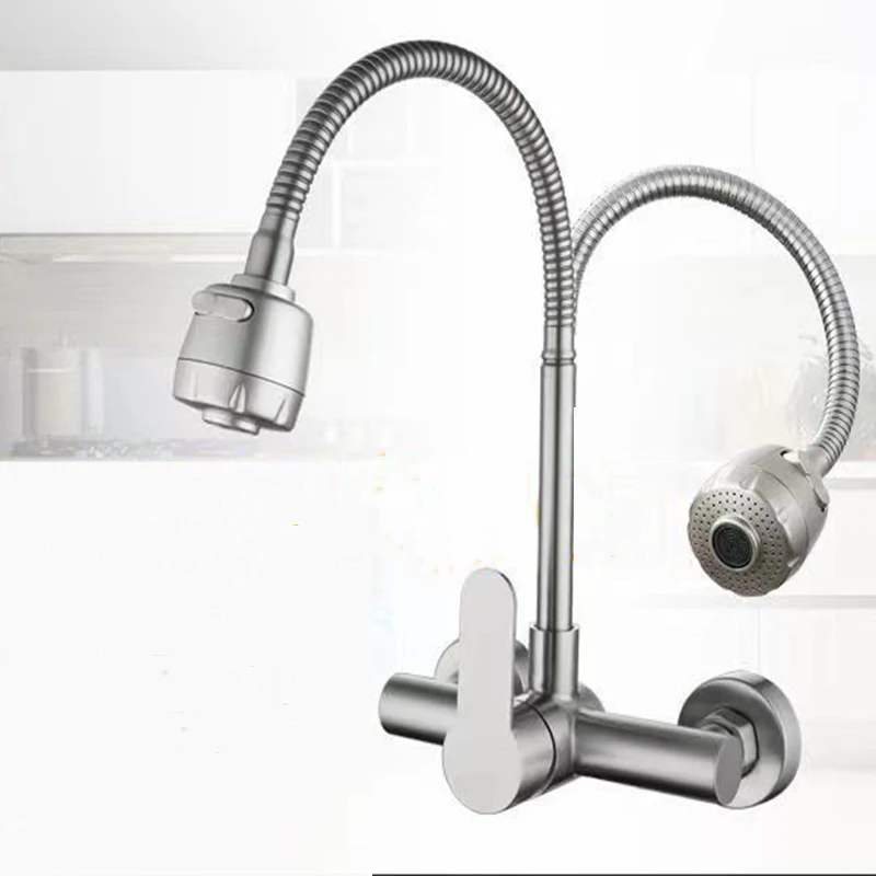 

360 ° Вращающийся смеситель для кухонной раковины на стене, смеситель с одним отверстием и двойным отверстием, 2 режима, смеситель для умывальника, смеситель для горячей и холодной воды