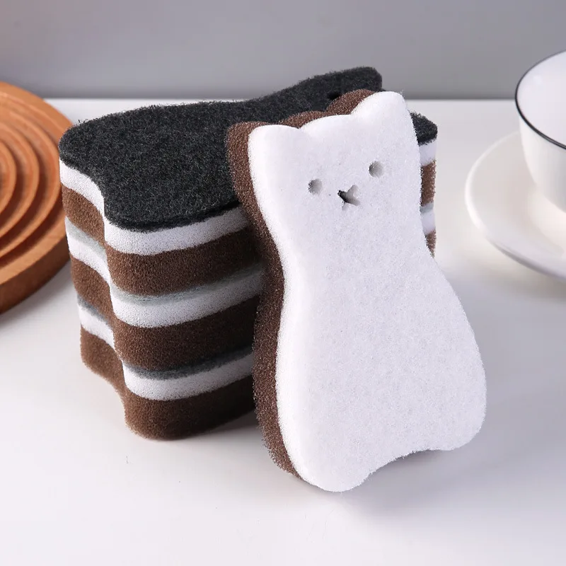Paquete de 4 Esponjas de Limpieza de Doble Cara con Diseño de Gato, Estropajo de Cocina, Absorbente de Agua y Eliminador de Grasa para Lavar Ollas y Platos Diariamente