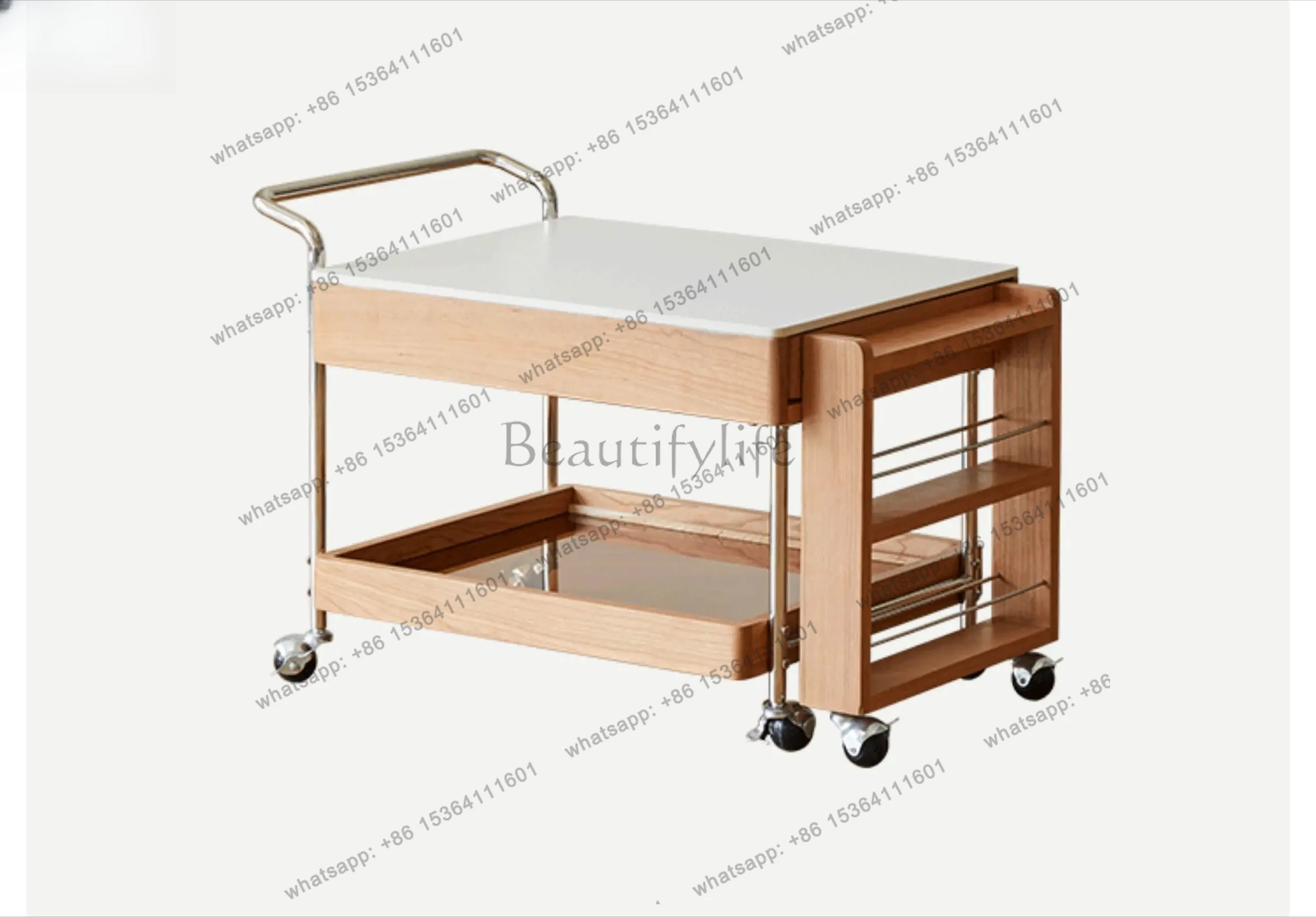 Furniture Cherry Wood Movable Fireplace Tea Brewing Solid Wood Tea Cabinet Extendable Tea Table