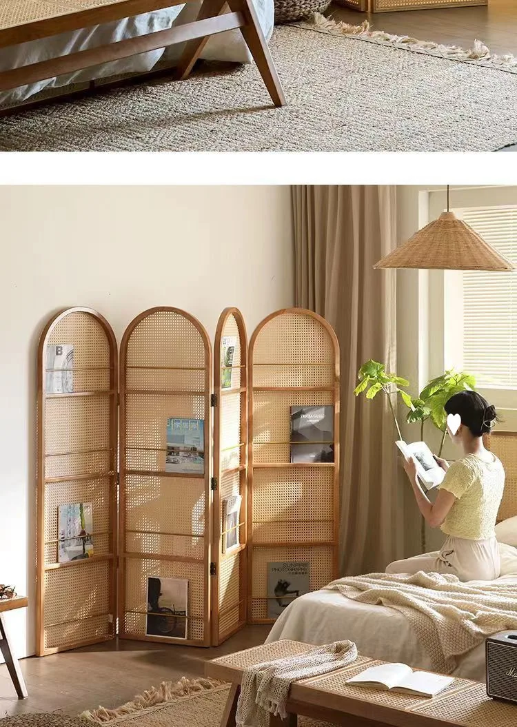 #Customized Chinese Living Room Folding Rattan Screen Porch Solid Wood Storage Bookshelf Retro Partition Bedroom Blocking Cross-