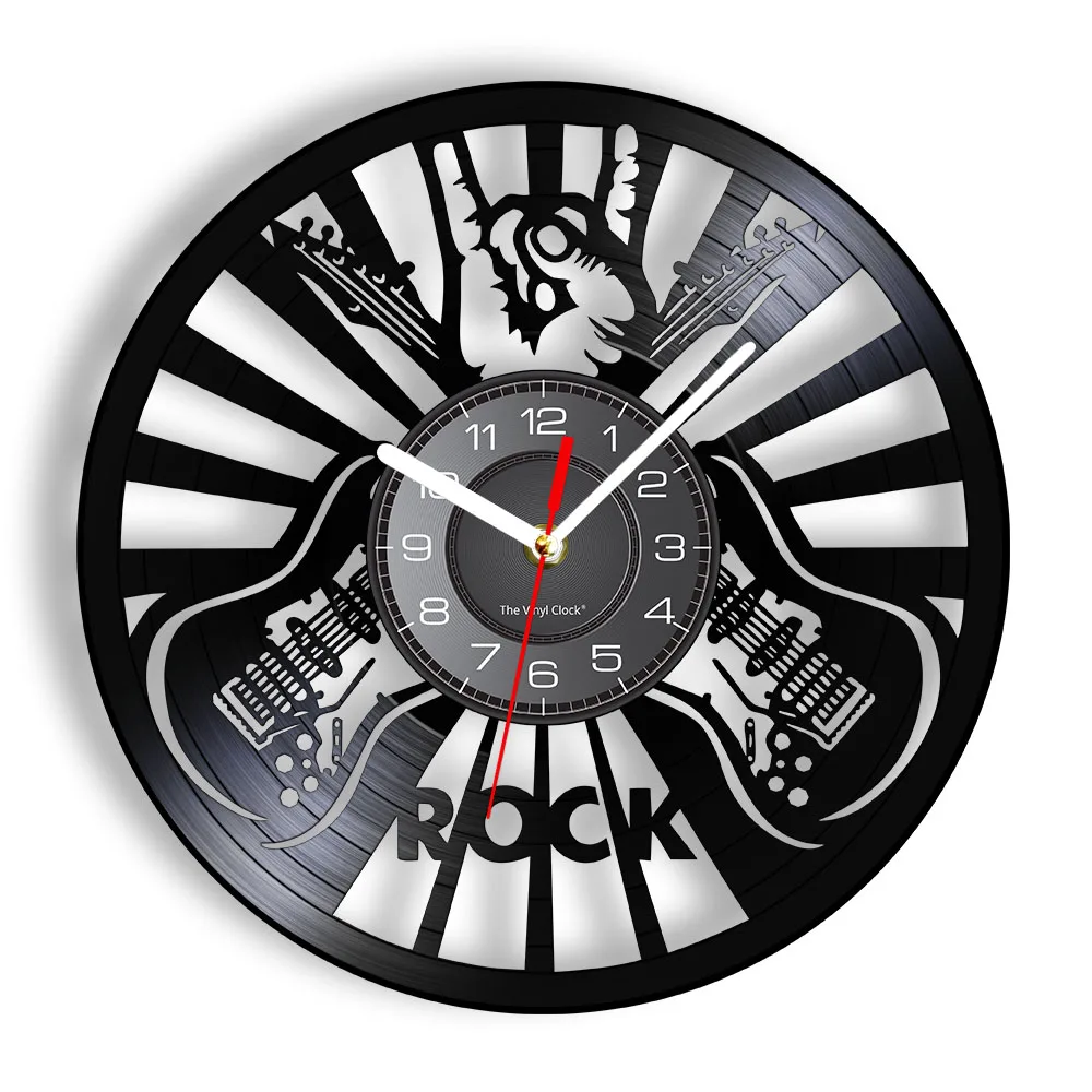 Guitar Rock Hand Sign Wall Clock Vinyl Record Home Decor Roll n Roll Music Disk Crafts Clock Wall Watch Rock Band Guitarist Gift