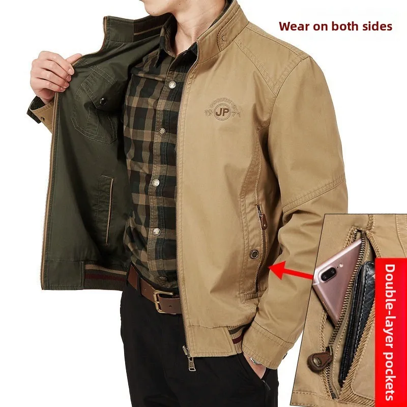 

Men's Casual Cotton Jaet Spring Autumn Loose Fit Dad Outerwear Double-Sided Wear Stand Collar Big Size Comfortable Coat