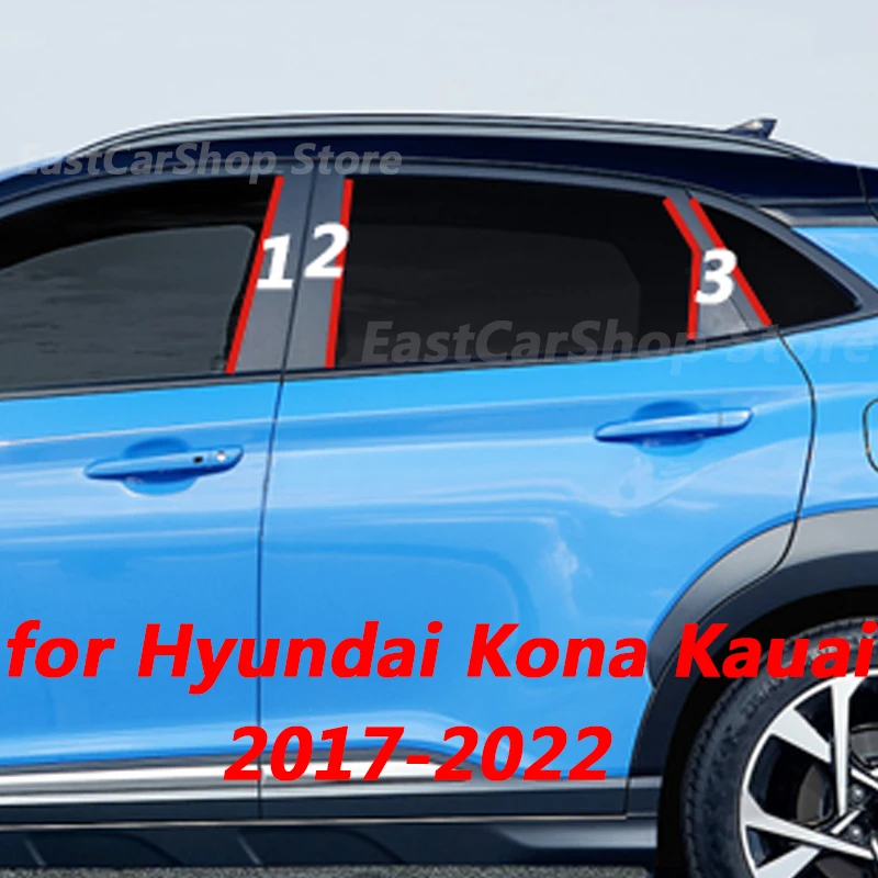 For Hyundai Kona Kauai 2017 2018 2019 2020 2021 2022 Car Middle Column PC Window Trims Decoration B C Pillar Black Strip Sticker