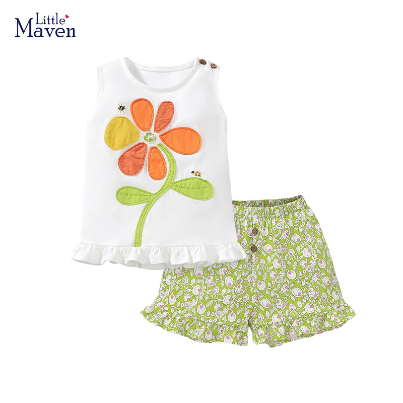 Little maven Baby Top and Bottom Summer Girls Children\'s Clothing Tracksuit Kids Clothes Sets Cartoon Flowers Tops+Pants Cotton