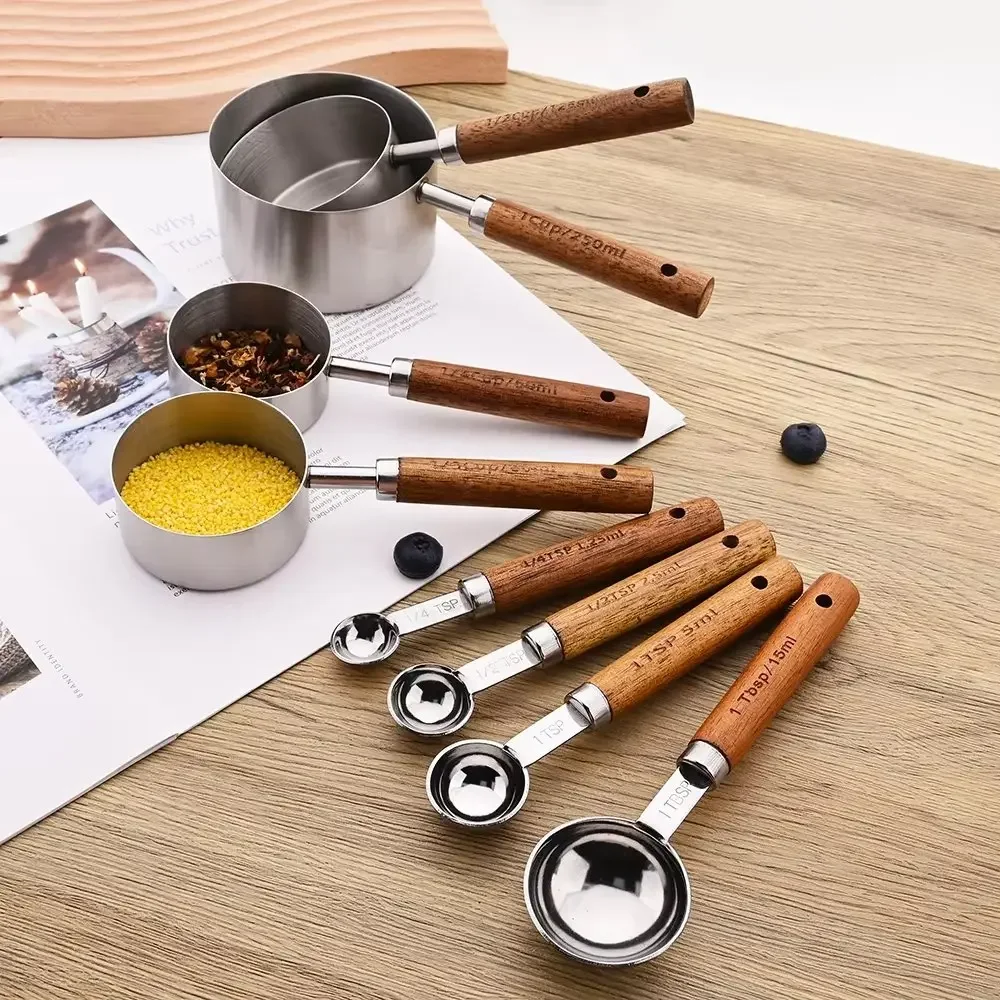 8Pcs Messbecher Löffel Edelstahl Gold Holzgriff Backen Werkzeuge Kaffee Bartending Skala Küche Zubehör Set